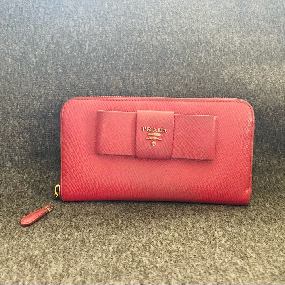 Prada Pink Saffiano Leather Bow Long Zip Wallet